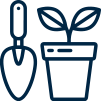 A blue line drawing of a plant and a shovel.