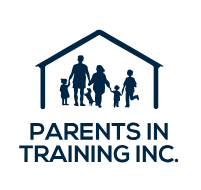 A blue logo of parents in training inc.